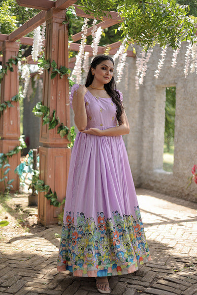 Women's Purple Dola Silk Printed Festive Designer Anarkali Dress