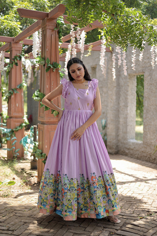 Women's Purple Dola Silk Printed Festive Designer Anarkali Dress