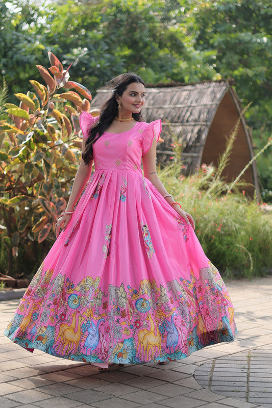 Women's Pink Dola Silk Printed Festive Designer Anarkali Dress