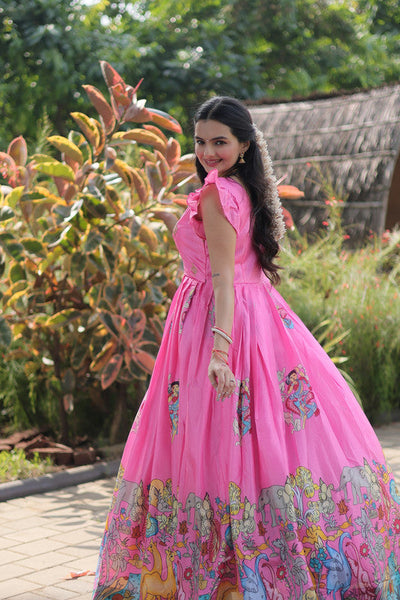 Women's Pink Dola Silk Printed Festive Designer Anarkali Dress