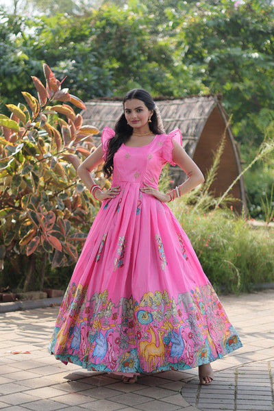 Women's Pink Dola Silk Printed Festive Designer Anarkali Dress