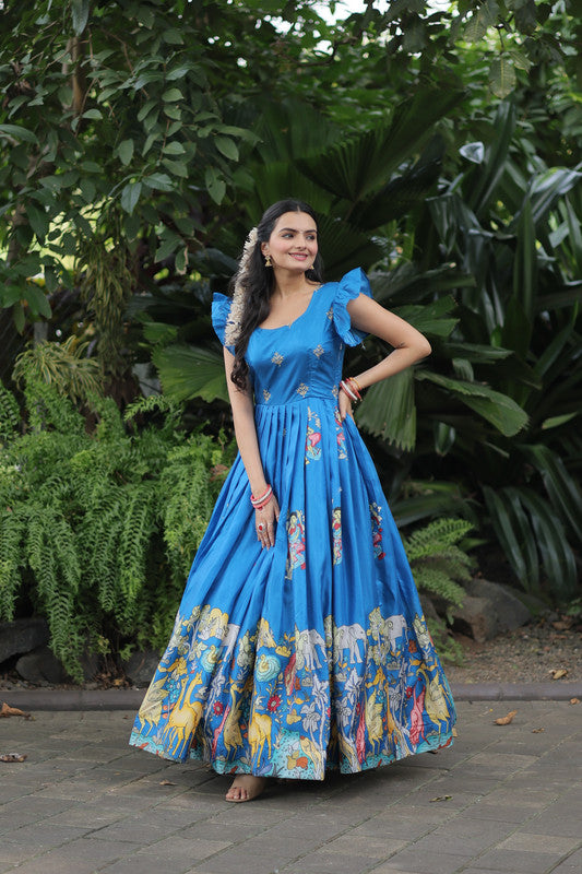 Women's Sky Blue Dola Silk Printed Festive Designer Anarkali Dress