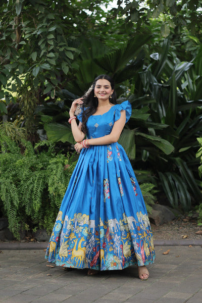 Women's Sky Blue Dola Silk Printed Festive Designer Anarkali Dress