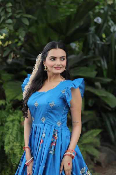 Women's Sky Blue Dola Silk Printed Festive Designer Anarkali Dress