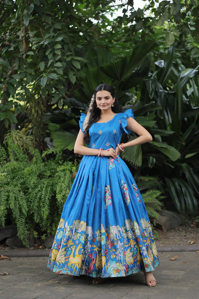 Women's Sky Blue Dola Silk Printed Festive Designer Anarkali Dress