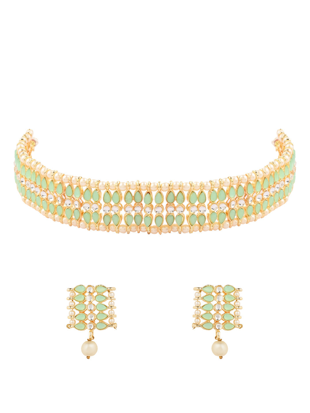 Women's 18k Gold Plated Traditional Peach Pearl & Kundan Studded Choker Necklace Jewellery Set