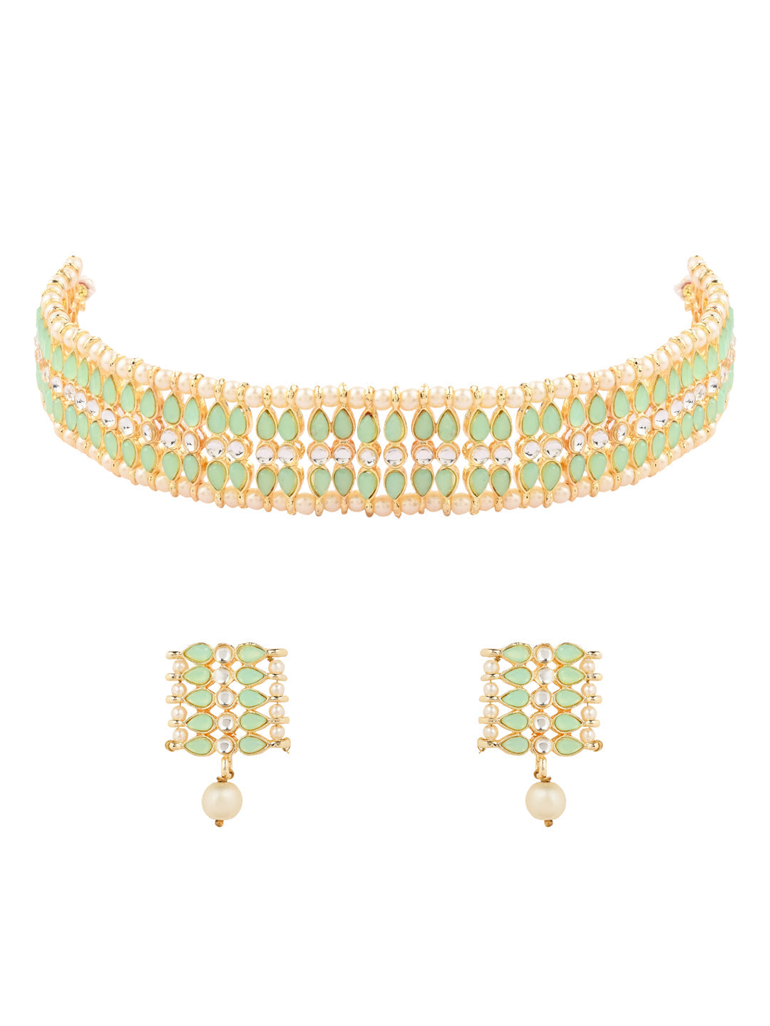 Women's 18k Gold Plated Traditional Peach Pearl & Kundan Studded Choker Necklace Jewellery Set