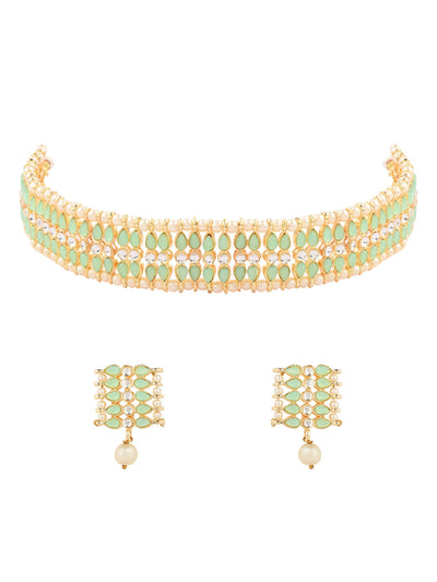 Women's 18k Gold Plated Traditional Peach Pearl & Kundan Studded Choker Necklace Jewellery Set