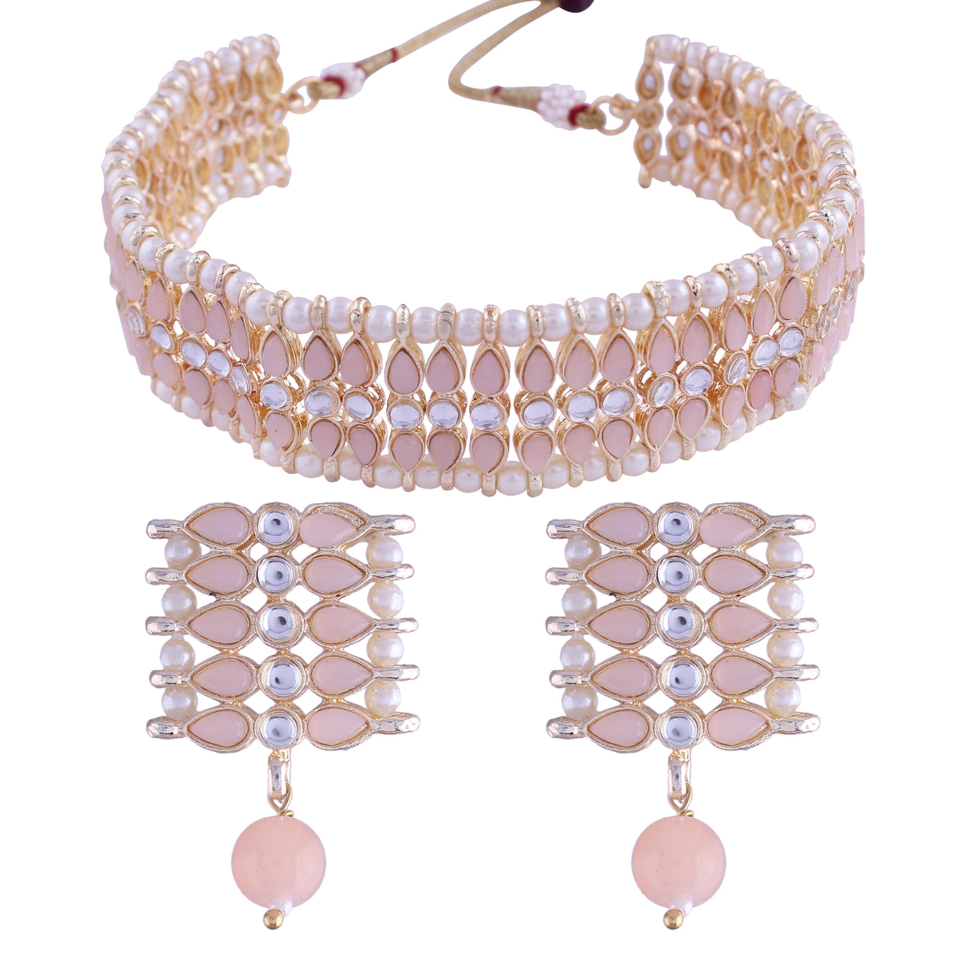 Women's 18k Gold Plated Traditional Peach Pearl & Kundan Studded Choker Necklace Jewellery Set