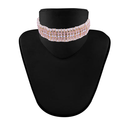 Women's 18k Gold Plated Traditional Peach Pearl & Kundan Studded Choker Necklace Jewellery Set