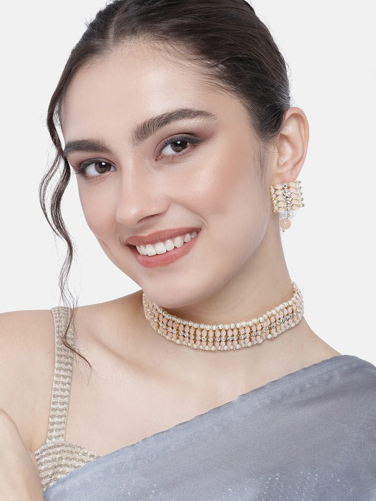 Women's 18k Gold Plated Traditional Peach Pearl & Kundan Studded Choker Necklace Jewellery Set