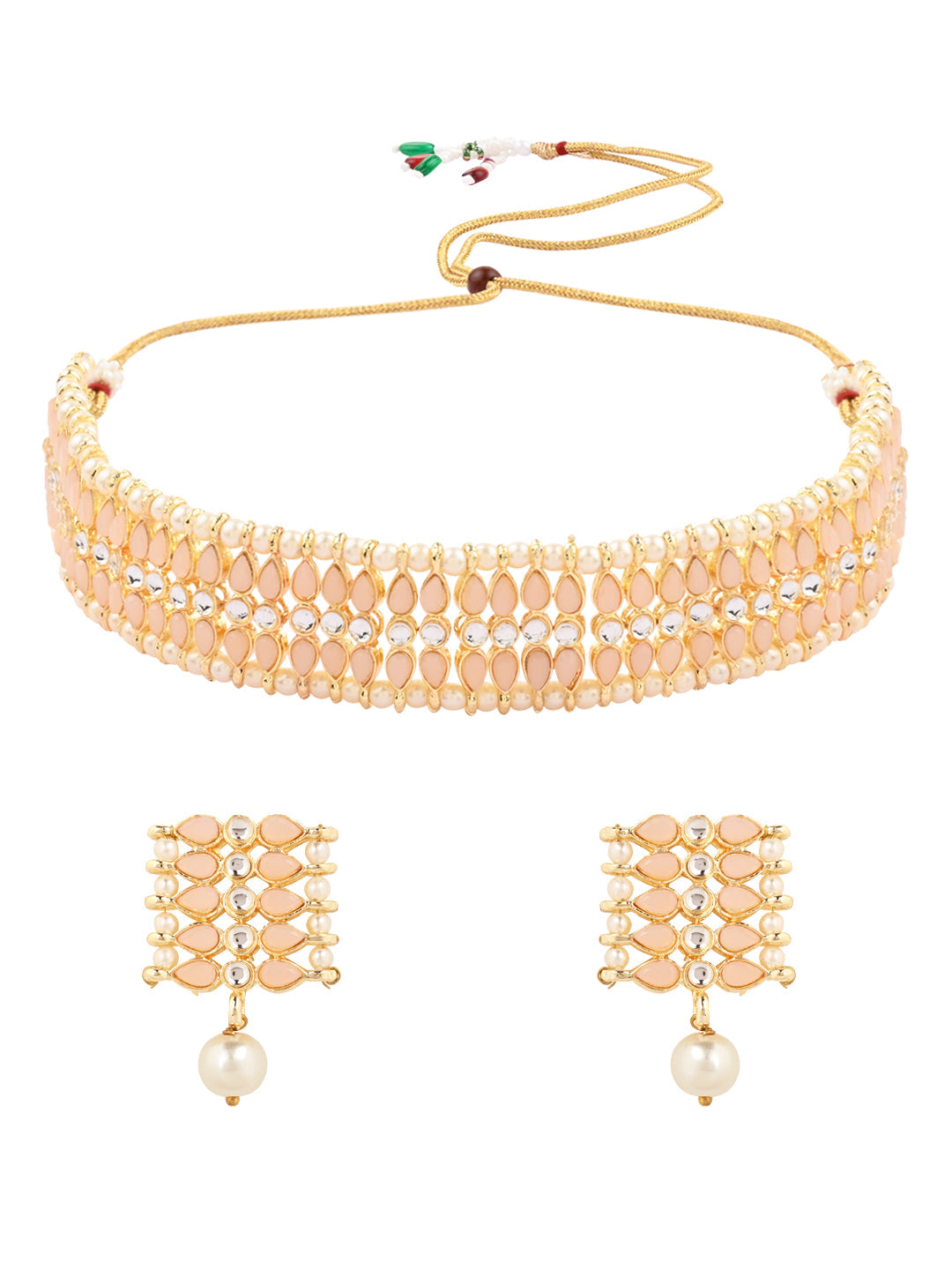 Women's 18k Gold Plated Traditional Peach Pearl & Kundan Studded Choker Necklace Jewellery Set