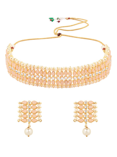 Women's 18k Gold Plated Traditional Peach Pearl & Kundan Studded Choker Necklace Jewellery Set