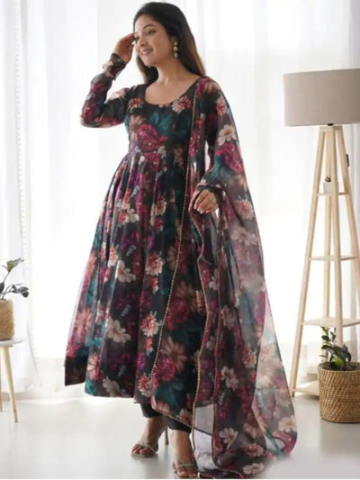 Women's Flared Georgette Anarkali With Printed Dupatta Set (Black)