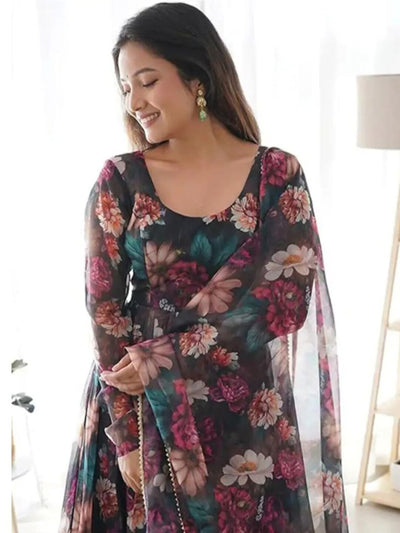 Women's Flared Georgette Anarkali With Printed Dupatta Set (Black)