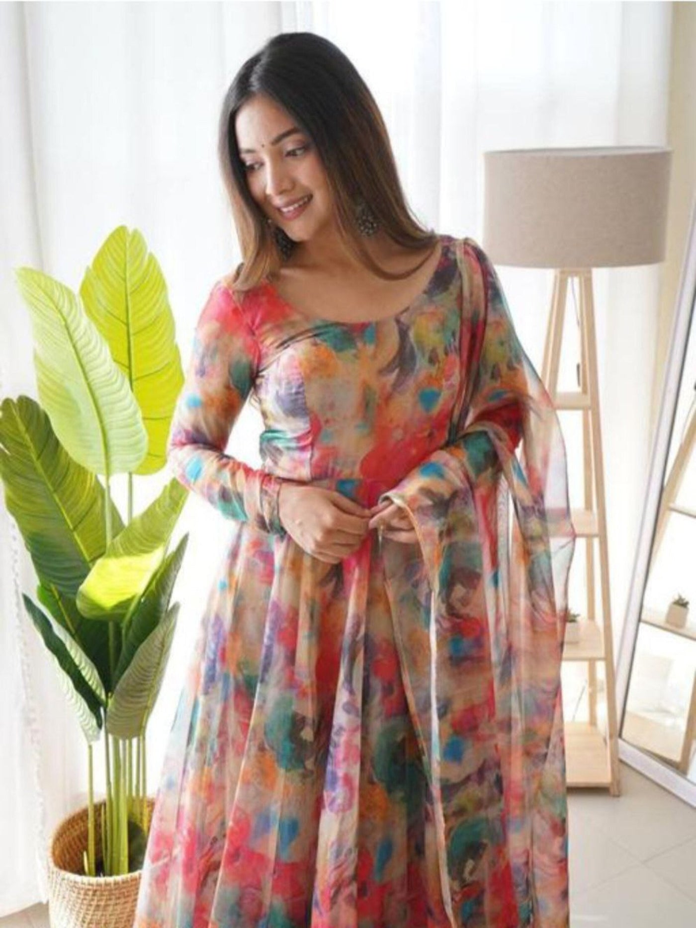 Women's Flared Floral Printed Georgette Anarkali With Printed Dupatta Set For Women (Red)