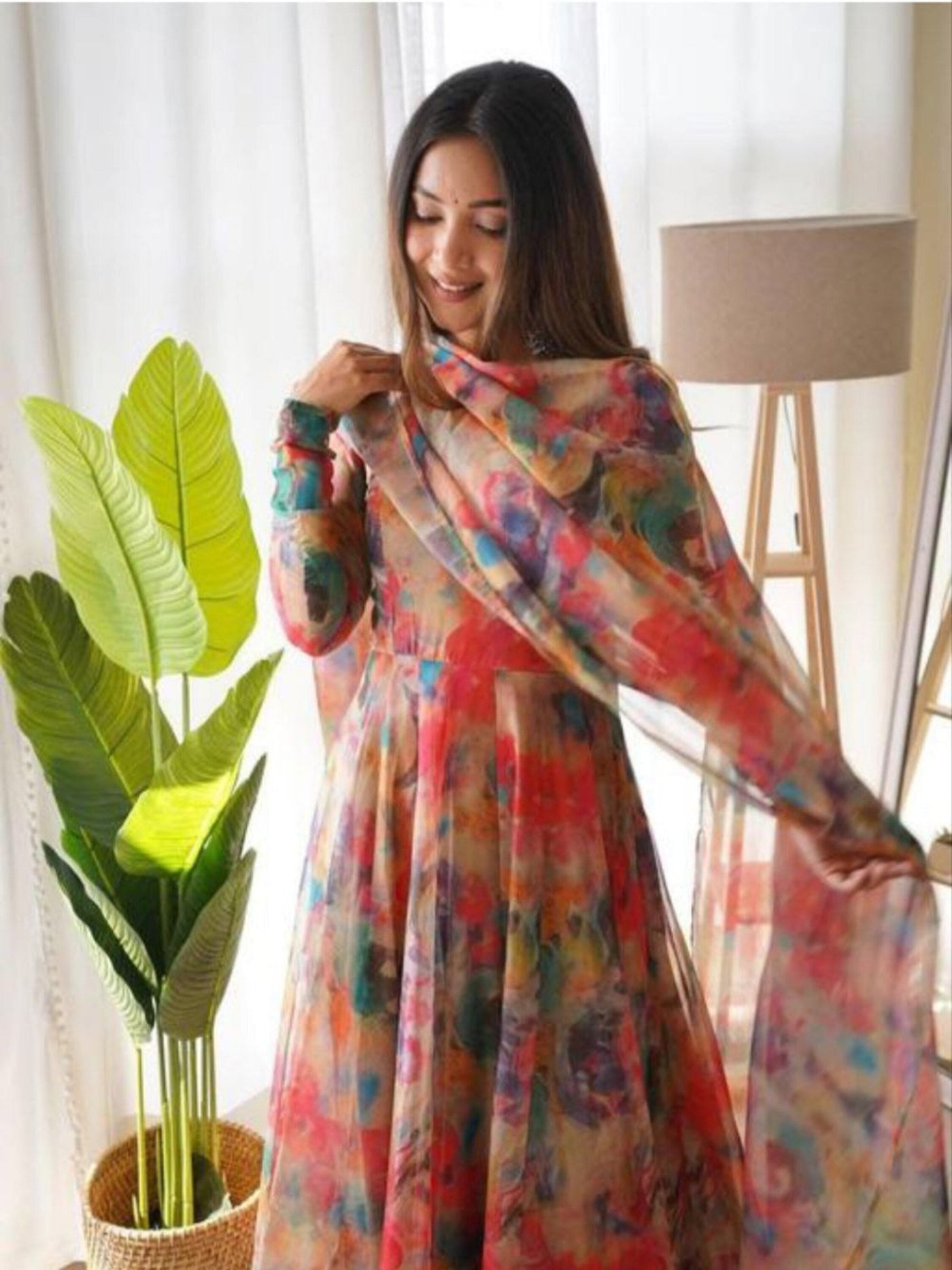 Women's Flared Floral Printed Georgette Anarkali With Printed Dupatta Set For Women (Red)