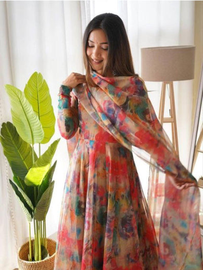 Women's Flared Floral Printed Georgette Anarkali With Printed Dupatta Set For Women (Red)