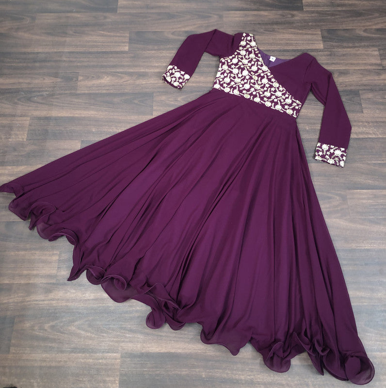 Women's Wine Faux Blooming Sequins Embroidered Partywear Anarkali Dress