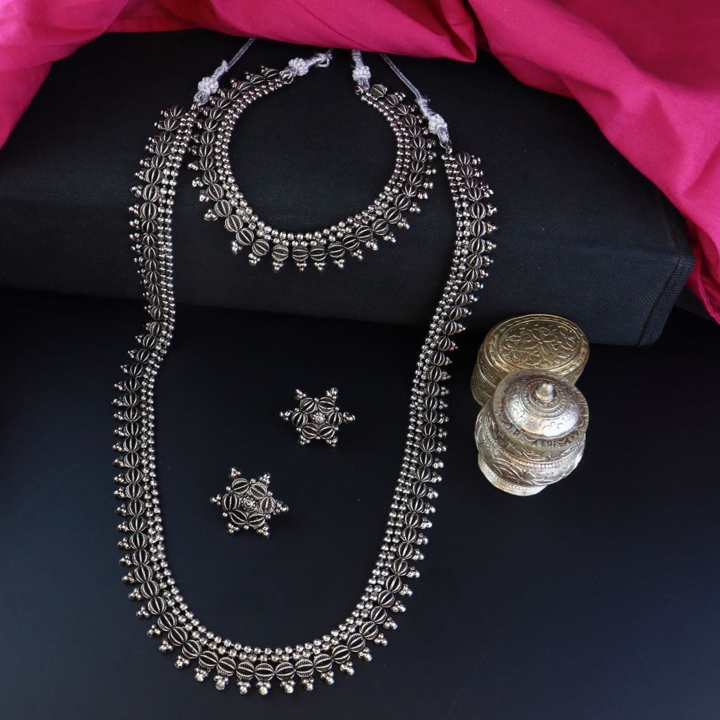 Women's 18K Silver Oxidised Traditional Style Necklace With Choker & Earrin