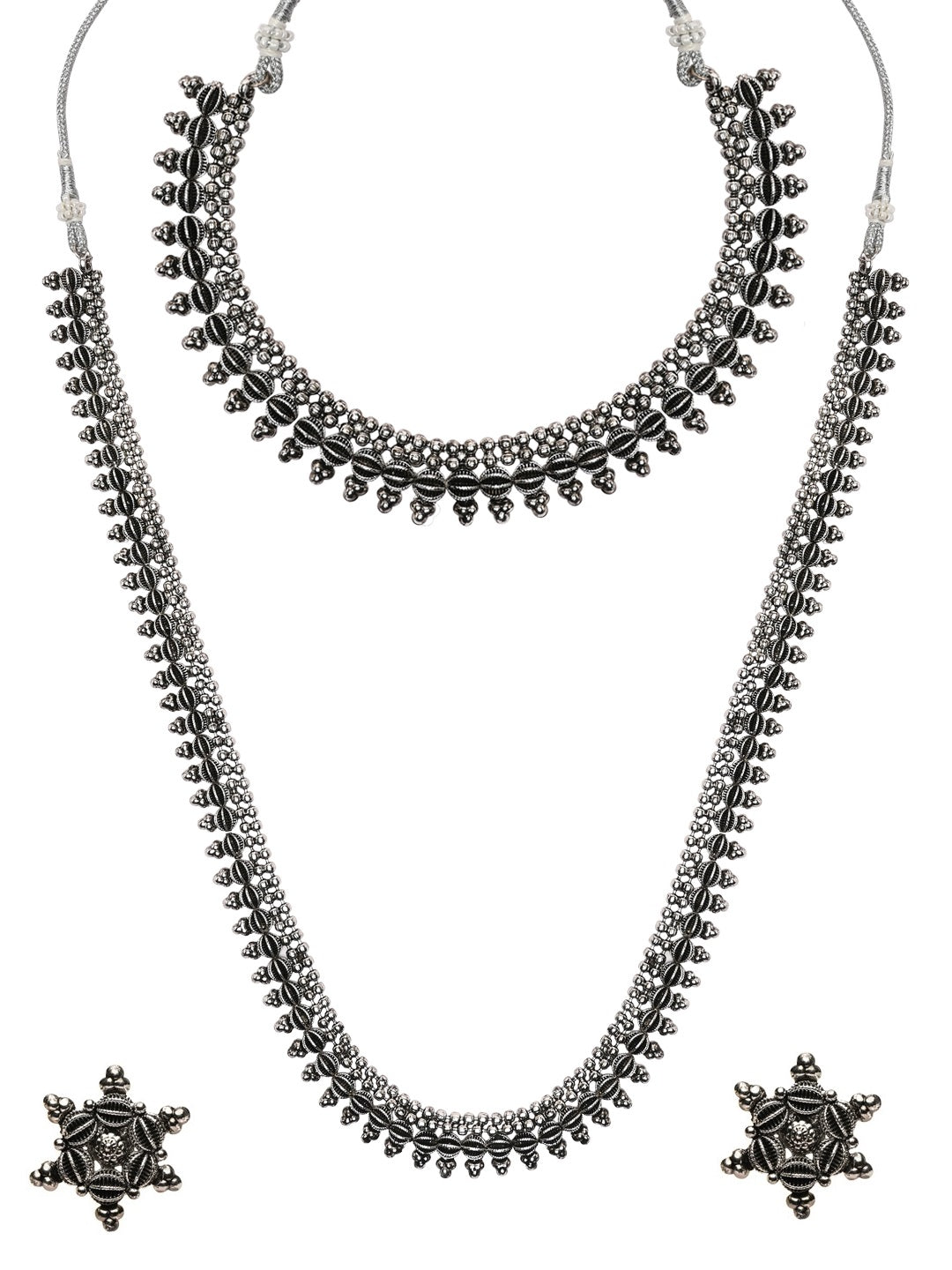Women's 18K Silver Oxidised Traditional Style Necklace With Choker & Earrin