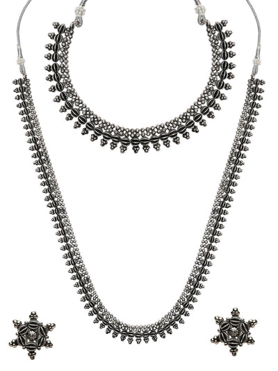 Women's 18K Silver Oxidised Traditional Style Necklace With Choker & Earrin