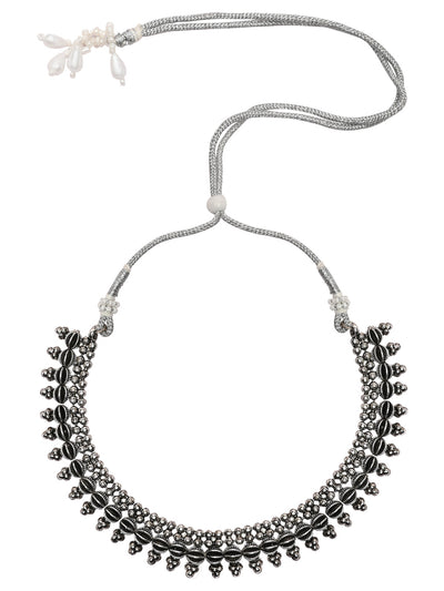 Women's 18K Silver Oxidised Traditional Style Necklace With Choker & Earrin