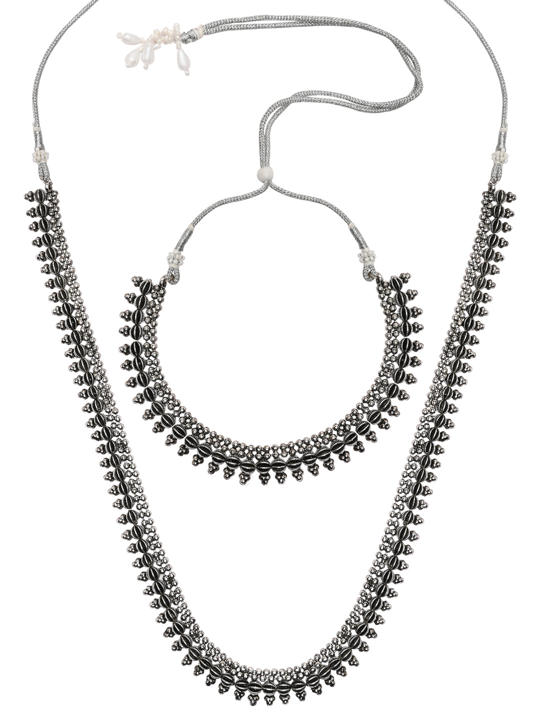 Women's 18K Silver Oxidised Traditional Style Necklace With Choker & Earrin