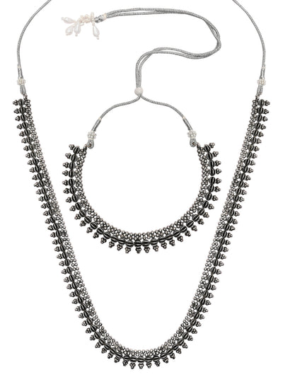 Women's 18K Silver Oxidised Traditional Style Necklace With Choker & Earrin