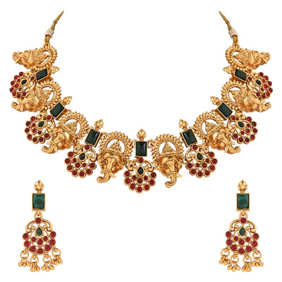 Women's Gold Plated Traditional Temple Choker Necklace Jewellery With Earrings Set