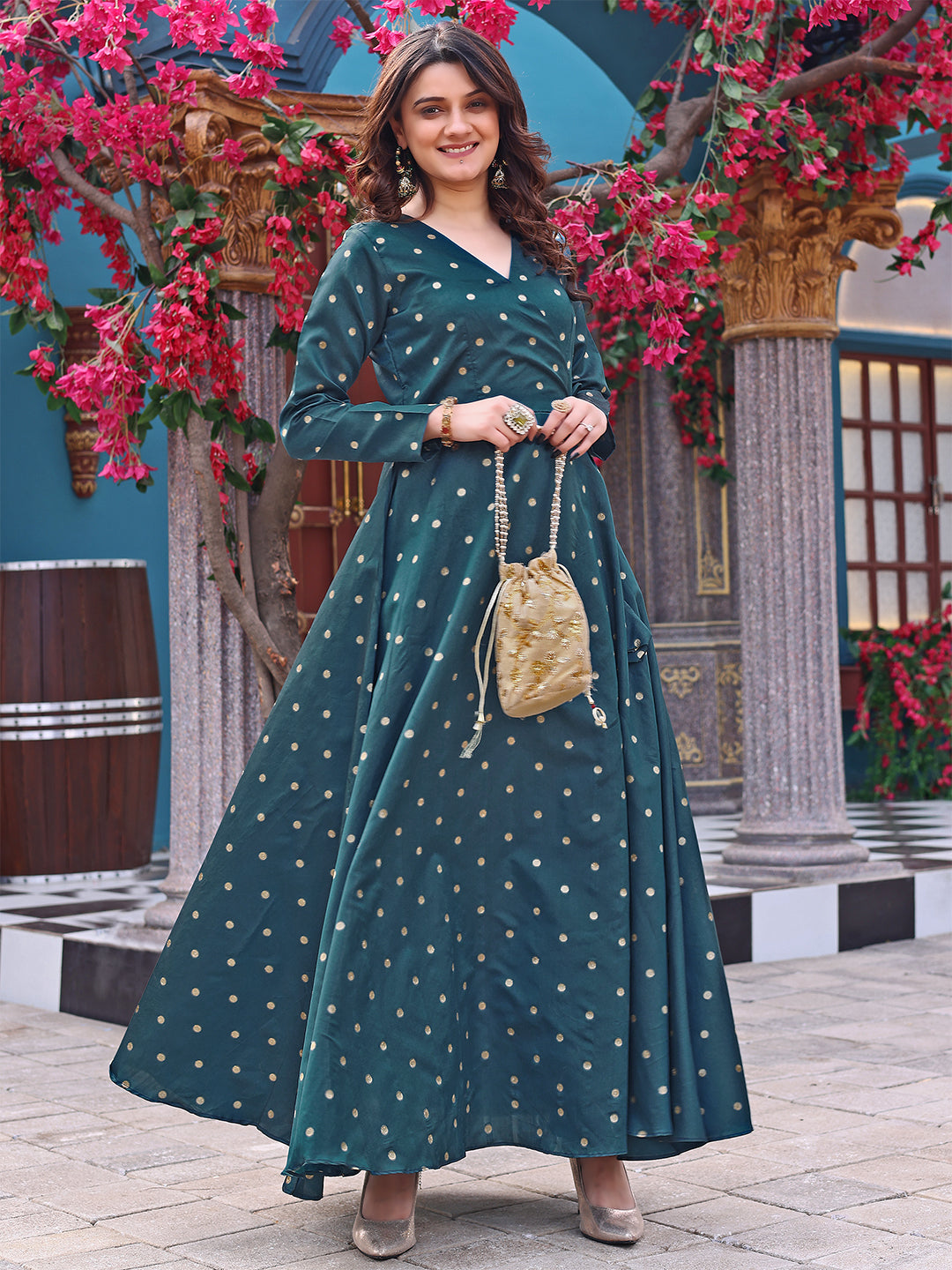 Women's Green Fully Stiched Jacquard Woven Anarkali Gown