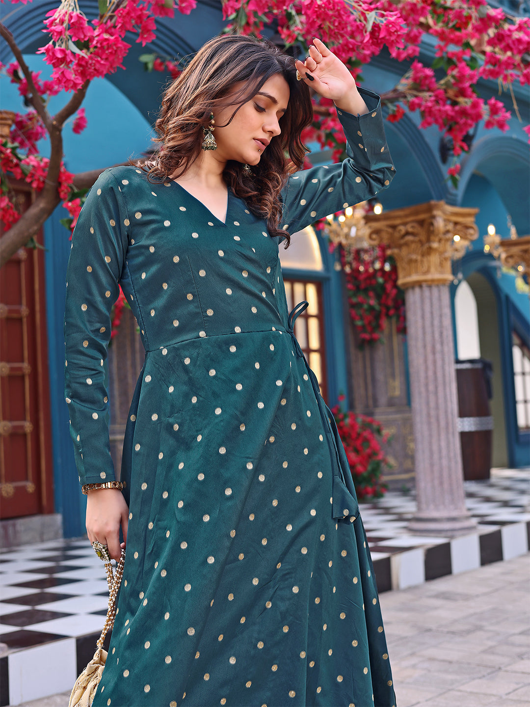 Women's Green Fully Stiched Jacquard Woven Anarkali Gown