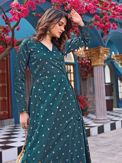 Women's Green Fully Stiched Jacquard Woven Anarkali Gown