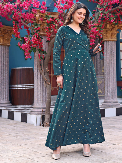 Women's Green Fully Stiched Jacquard Woven Anarkali Gown