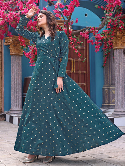 Women's Green Fully Stiched Jacquard Woven Anarkali Gown