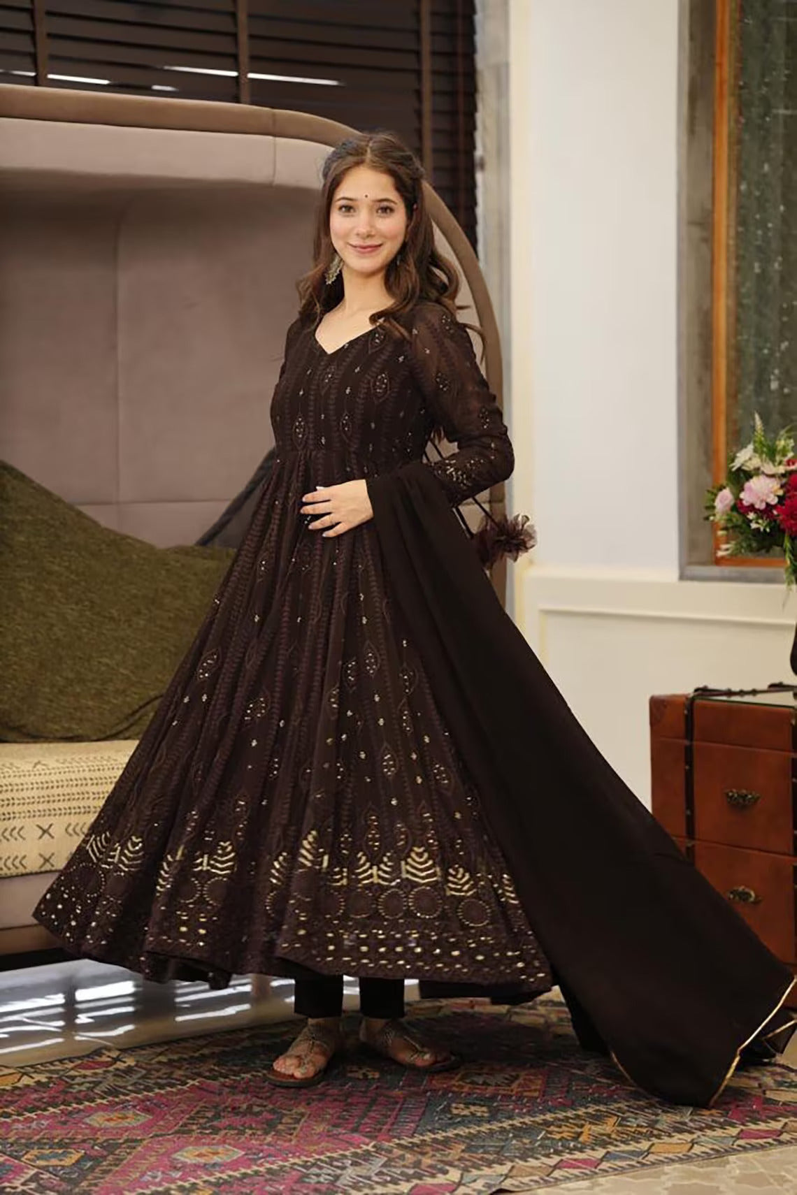 Women's Black Fully Stiched Georgette Embroidered Anarkali Gown