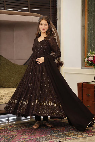 Women's Black Fully Stiched Georgette Embroidered Anarkali Gown