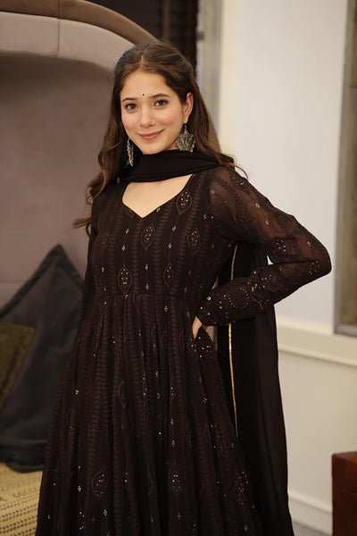 Women's Black Fully Stiched Georgette Embroidered Anarkali Gown