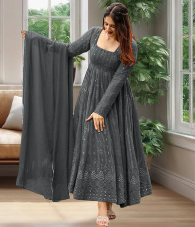 Women's Grey Fully Stiched Georgette Embroidered Anarkali Gown