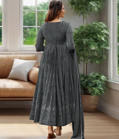 Women's Grey Fully Stiched Georgette Embroidered Anarkali Gown