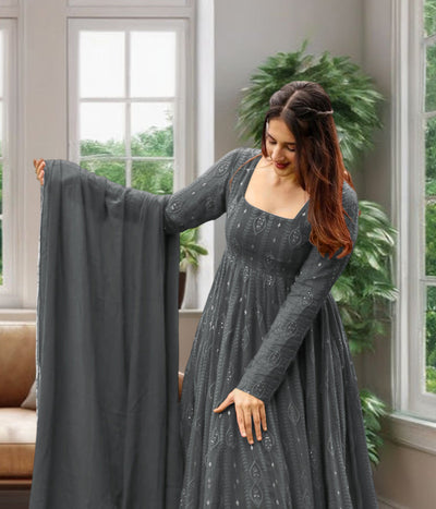 Women's Grey Fully Stiched Georgette Embroidered Anarkali Gown