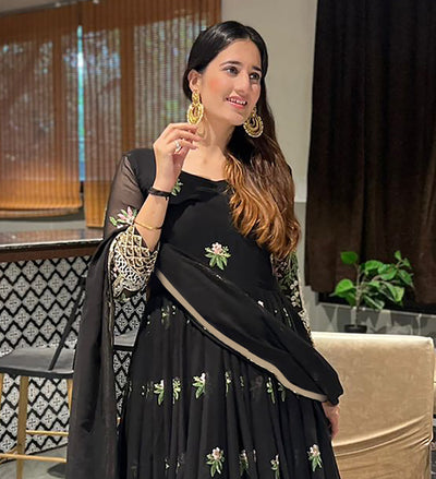 Women's Black Fully Stiched Georgette Embroidered Anarkali Gown