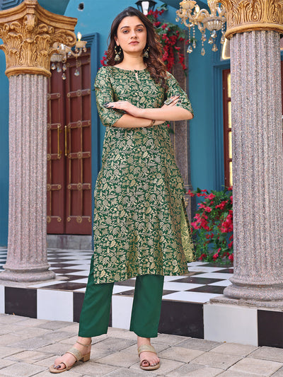 Women's Green Art Silk Woven Straight Kurta Set