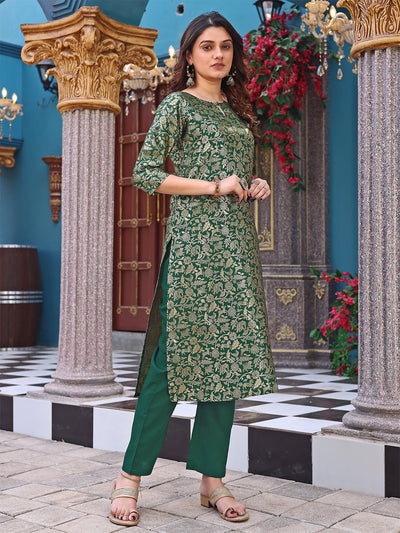 Women's Green Art Silk Woven Straight Kurta Set