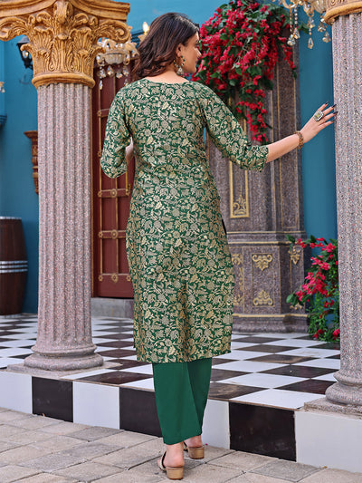 Women's Green Art Silk Woven Straight Kurta Set