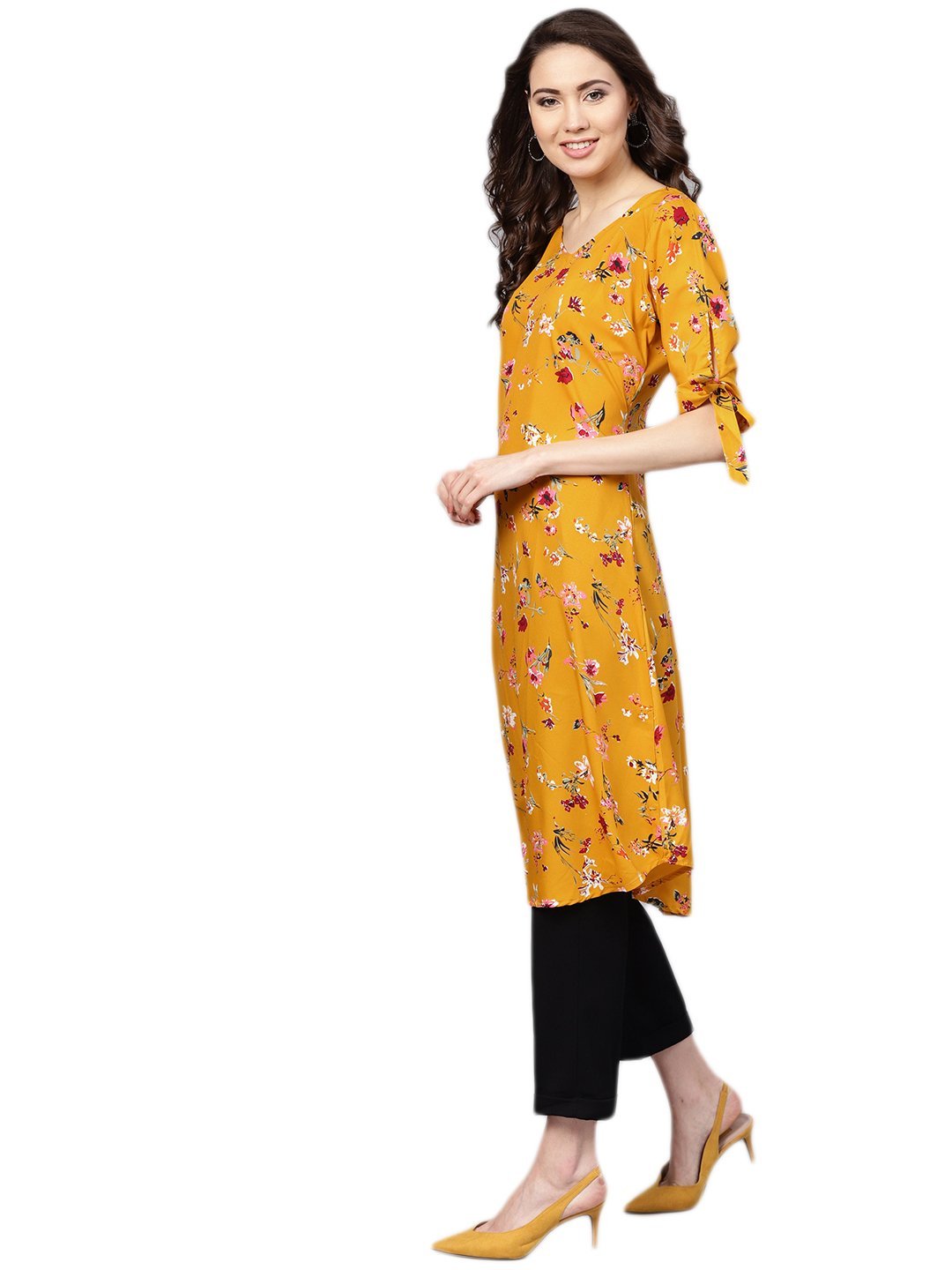 Women Yellow Printed Kurti Only by Myshka (