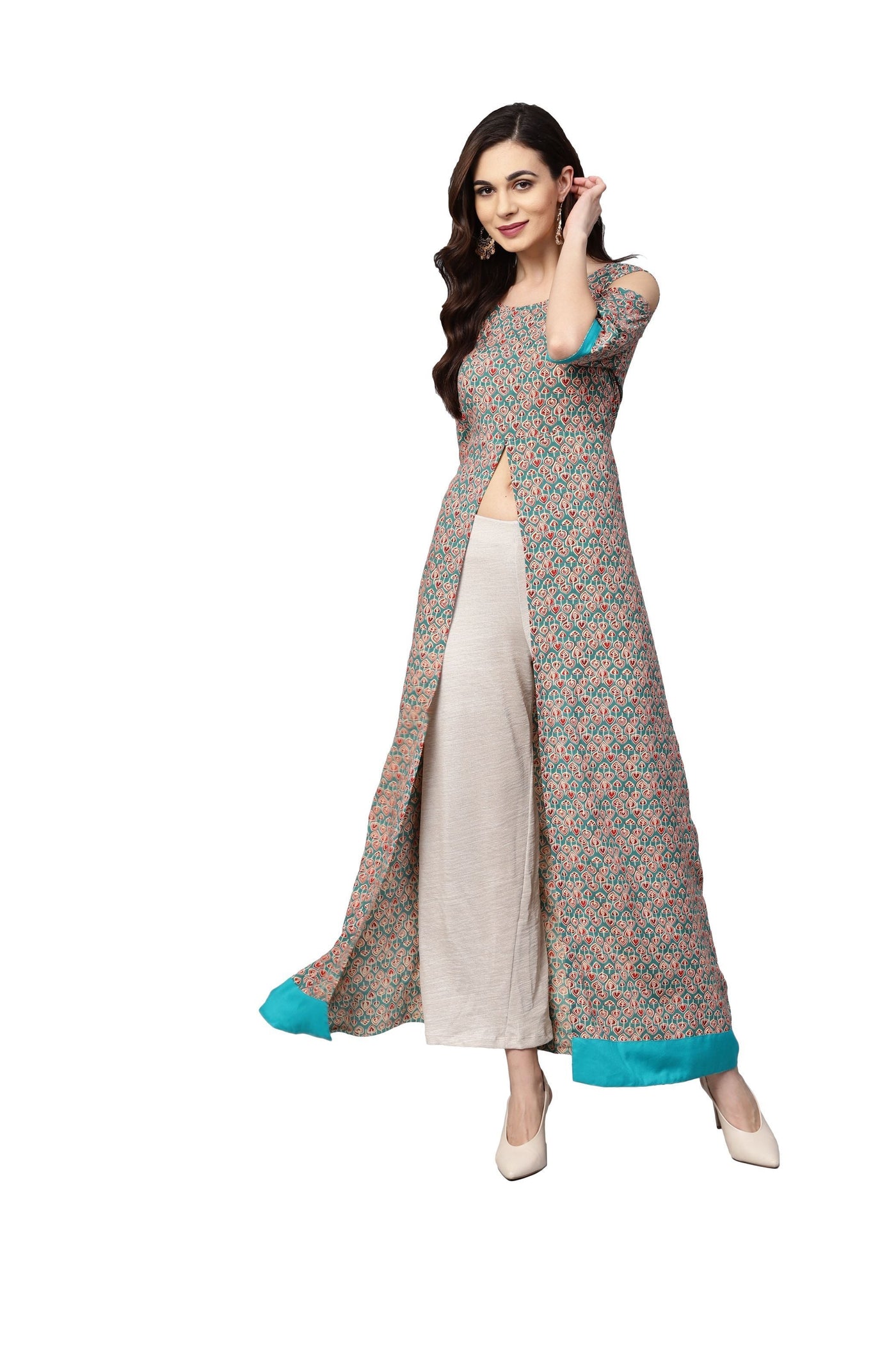 Women's Grey Rayon Printed 3/4 Sleeve Round Neck Casual Kurta Only