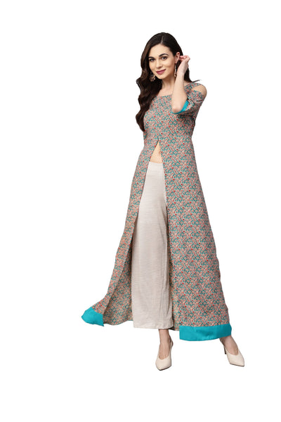 Women's Grey Rayon Printed 3/4 Sleeve Round Neck Casual Kurta Only