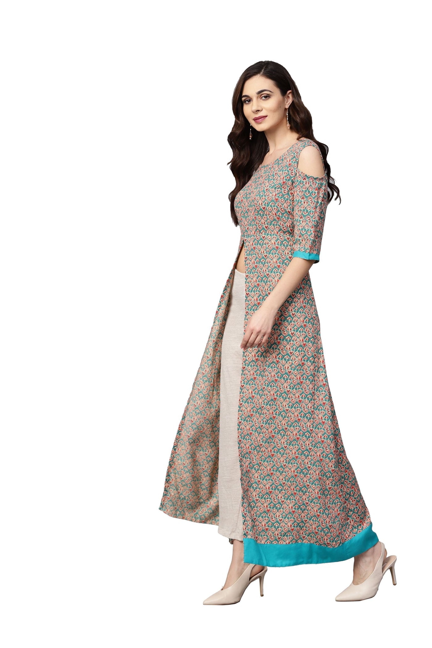 Women's Grey Rayon Printed 3/4 Sleeve Round Neck Casual Kurta Only