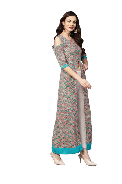 Women's Grey Rayon Printed 3/4 Sleeve Round Neck Casual Kurta Only